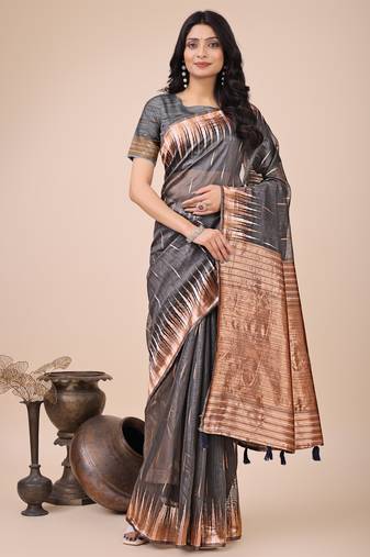Grey linen cotton woven zari work tassel saree