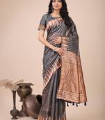 Grey linen cotton woven zari work tassel saree