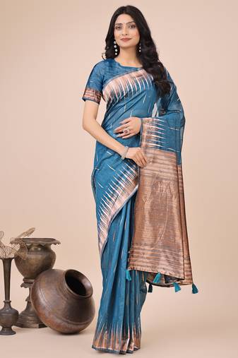 Blue linen cotton woven zari work tassel saree