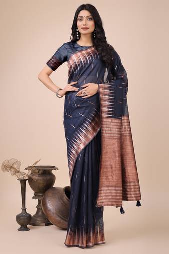Navy blue linen cotton woven zari work tassel saree