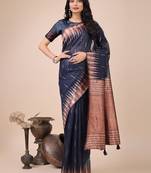 Navy blue linen cotton woven zari work tassel saree