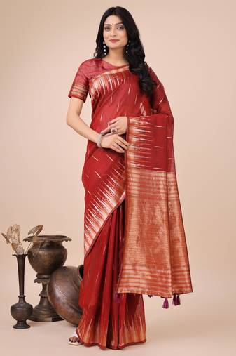 Red linen cotton woven zari work tassel saree