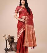 Red linen cotton woven zari work tassel saree