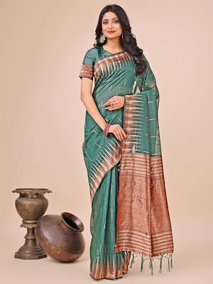 Green linen cotton woven zari work tassel saree 1