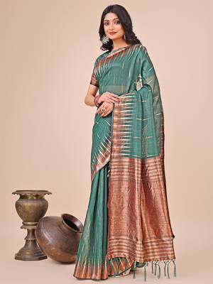 Green linen cotton woven zari work tassel saree 2