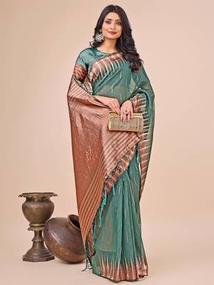 Green linen cotton woven zari work tassel saree 3