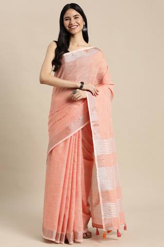 Peach linen cotton woven zari work tassel saree