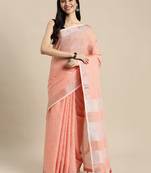 Peach linen cotton woven zari work tassel saree