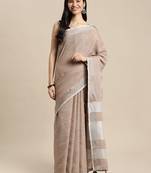Brown linen cotton woven zari work tassel saree