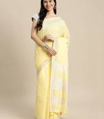 Yellow linen cotton woven zari work tassel saree
