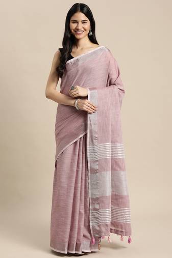 Purple linen cotton woven zari work tassel saree
