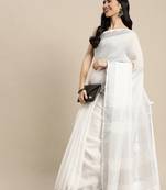 Off white linen cotton woven zari work tassel saree