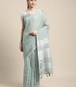 Sea green linen cotton woven zari work tassel saree