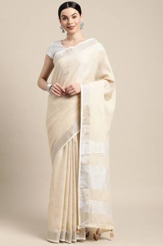 Beige linen cotton woven zari work tassel saree
