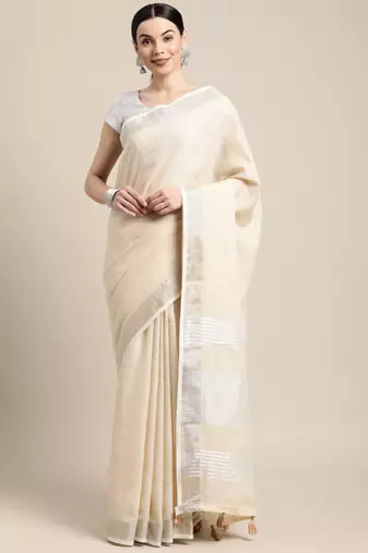 Beige linen cotton woven zari work tassel saree