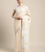 Beige linen cotton woven zari work tassel saree