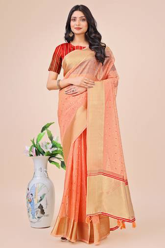 Peach organza woven zari work tassel saree