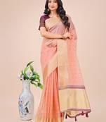 Light pink organza woven zari work tassel saree