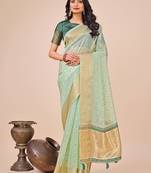 Olive green organza woven zari work tassel saree