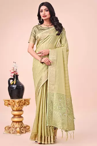 Olive green organza woven zari work tassel saree