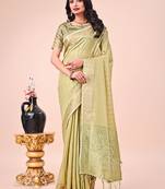 Olive green organza woven zari work tassel saree