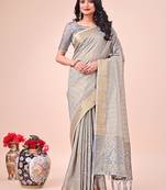 Grey organza woven zari work tassel saree