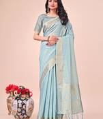 Sky blue organza woven zari work tassel saree
