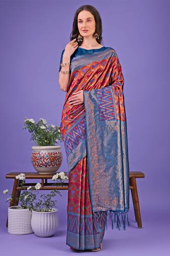 Red lichi silk blend woven zari work tassel saree
