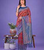 Red lichi silk blend woven zari work tassel saree