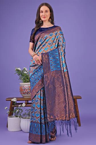 Blue lichi silk blend woven zari work tassel saree