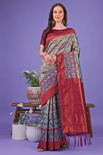 Grey lichi silk blend woven zari work tassel saree