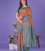 Peach lichi silk blend woven zari work tassel saree