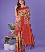 Cream lichi silk blend woven zari work tassel saree
