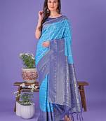Sky blue lichi silk blend woven zari work tassel saree