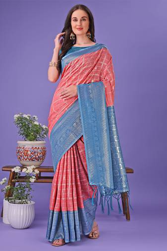 Peach lichi silk blend woven zari work tassel saree