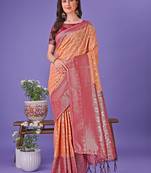 Orange lichi silk blend woven zari work tassel saree