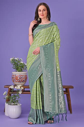 Light green lichi silk blend woven zari work tassel saree