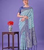 Sky blue lichi silk blend woven zari work tassel saree