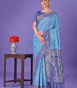 Blue lichi silk blend woven zari work tassel saree