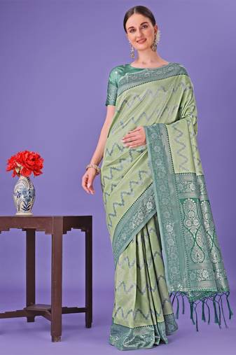 Light green lichi silk blend woven zari work tassel saree