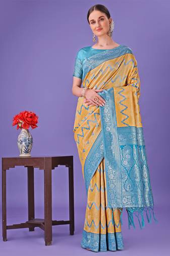 Yellow lichi silk blend woven zari work tassel saree