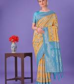 Yellow lichi silk blend woven zari work tassel saree