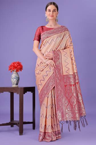 Peach lichi silk blend woven zari work tassel saree