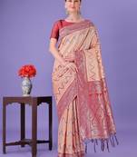 Peach lichi silk blend woven zari work tassel saree