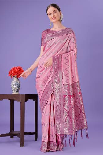 Light pink lichi silk blend woven zari work tassel saree
