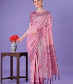 Light pink lichi silk blend woven zari work tassel saree