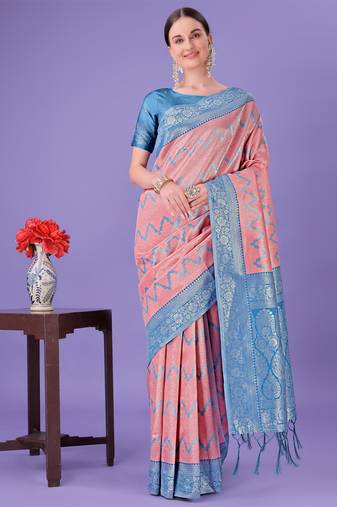 Peach lichi silk blend woven zari work tassel saree