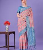 Peach lichi silk blend woven zari work tassel saree
