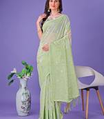 Light green linen cotton woven zari work tassel saree