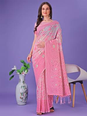 Light pink linen cotton woven zari work tassel saree 1